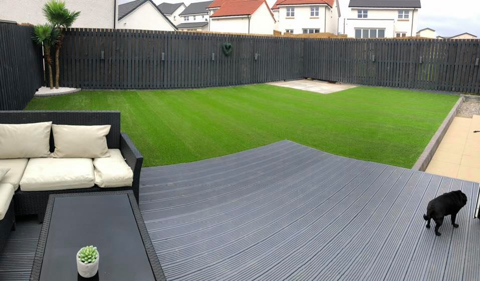 Finally getting some progress on my own garden while staying at home with my family. Artificial palm tree installed, 40mm striped artificial grass, decking extended, fence lights installed, base for playhouse, more to be added.
