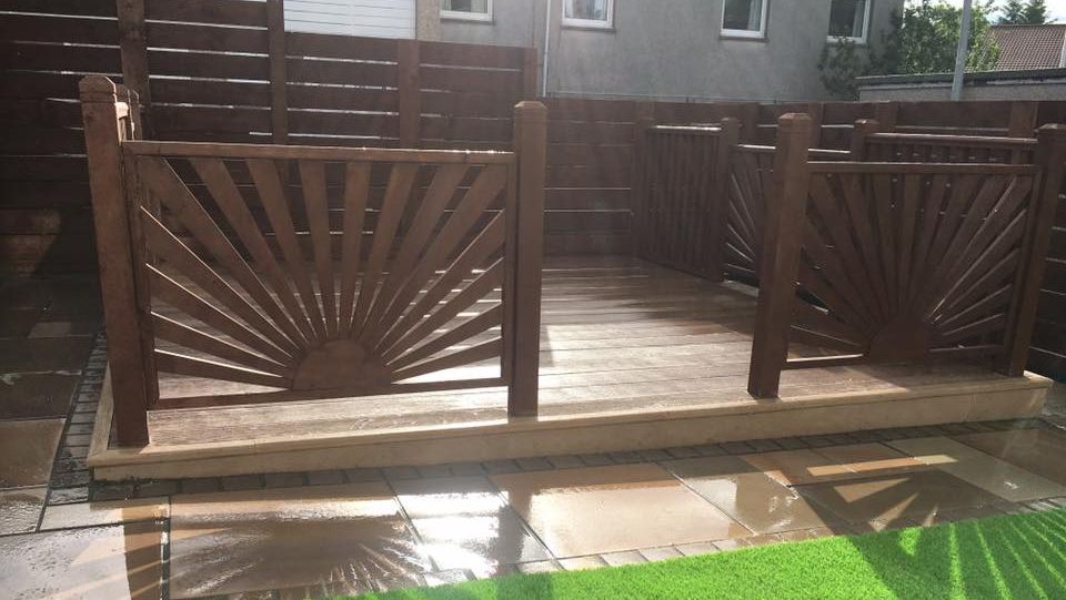 Before and after of recently finished project in EastKilbride. Zero maintenance millboard decking, 36mm artificial grass, smooth Indian sandstone with cobble edging, new ranch style fence and gate installed.