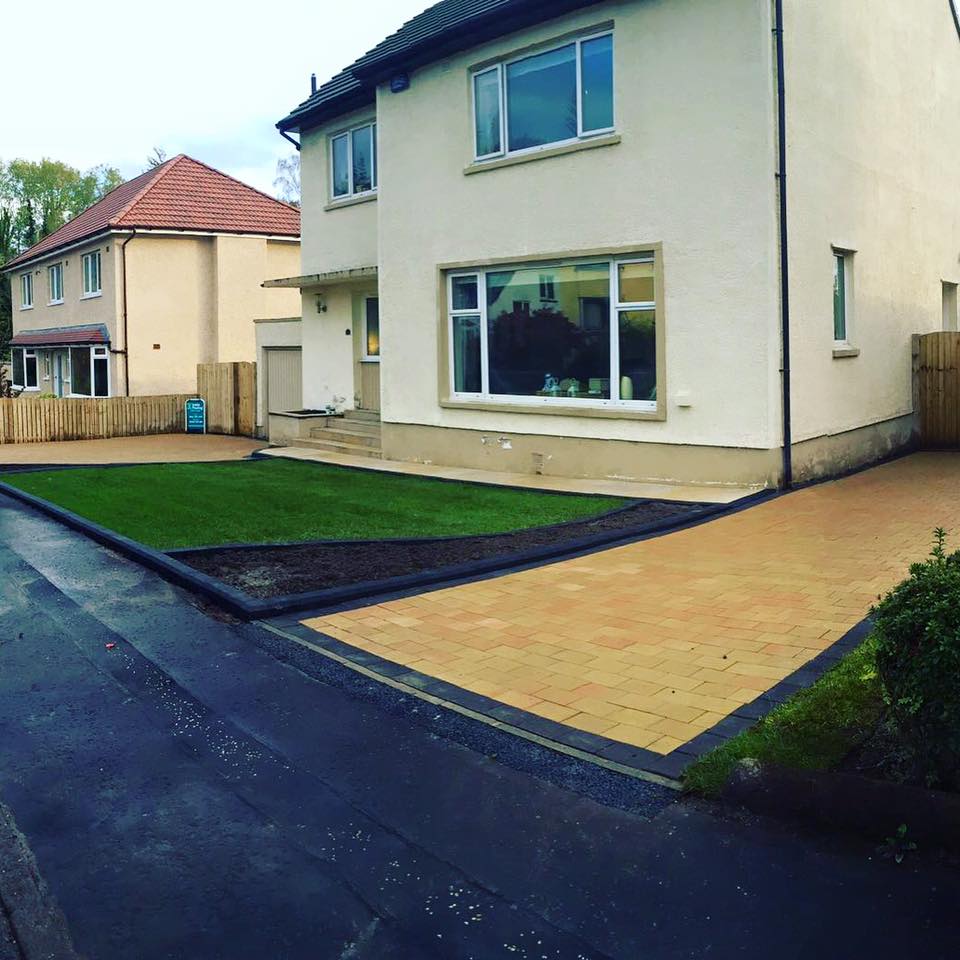 Before & after ..... acheson glover boulevard paving colour burren with boulevard slate border. Mint sawn sandstone path and steps with added designs and flower beds using small charcoal block kerbs.