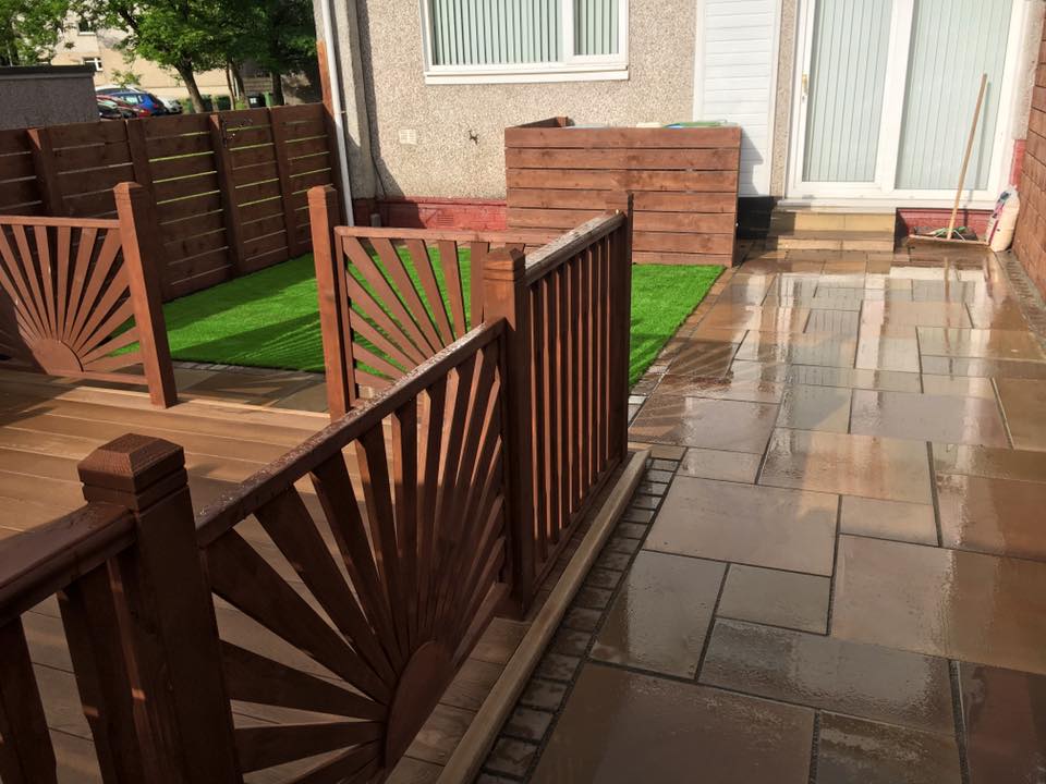Before and after of recently finished project in EastKilbride. Zero maintenance millboard decking, 36mm artificial grass, smooth Indian sandstone with cobble edging, new ranch style fence and gate installed.