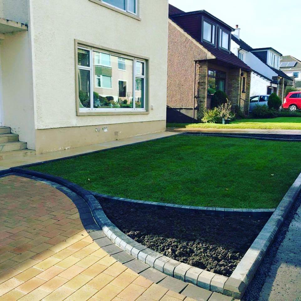 Before & after ..... acheson glover boulevard paving colour burren with boulevard slate border. Mint sawn sandstone path and steps with added designs and flower beds using small charcoal block kerbs.